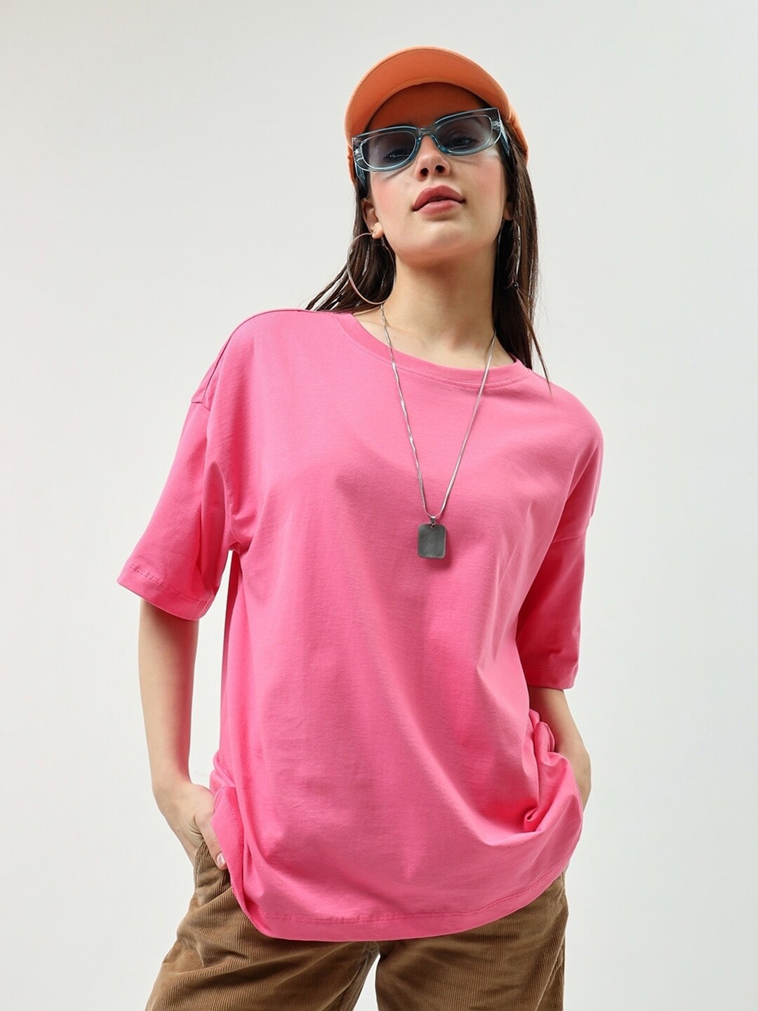 

Bewakoof Pink Round Neck Short Sleeves Cotton Oversized T-shirt