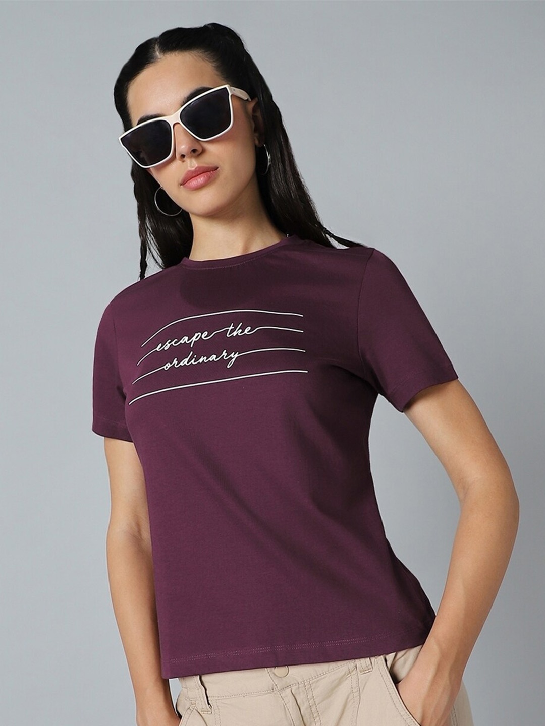 

Bewakoof Red Typography Printed Round Neck Short Sleeves Cotton Regular T-shirt, Purple