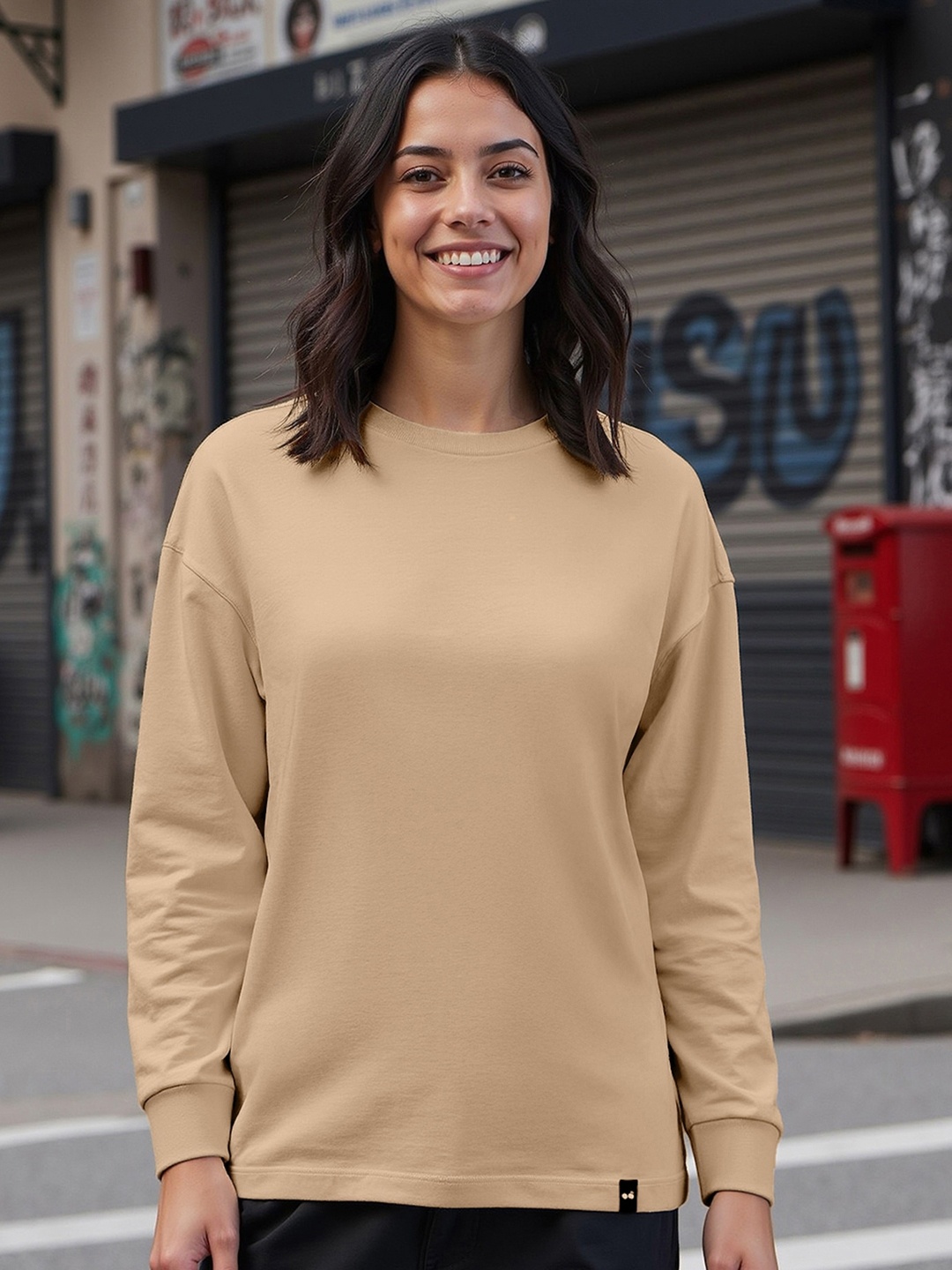 

Bewakoof Women's Solid Full Sleeve Oversized T-shirt, Brown