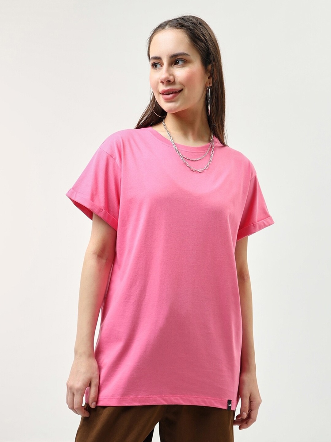 

Bewakoof Pink Round Neck Short Sleeves Cotton Relaxed Fit T-shirt