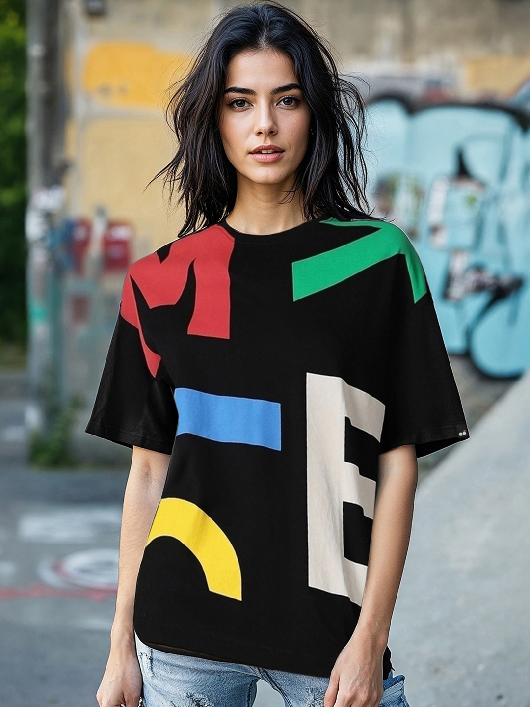 

Bewakoof Black Typography Printed Round Neck Short Sleeves Cotton Oversized T-shirt