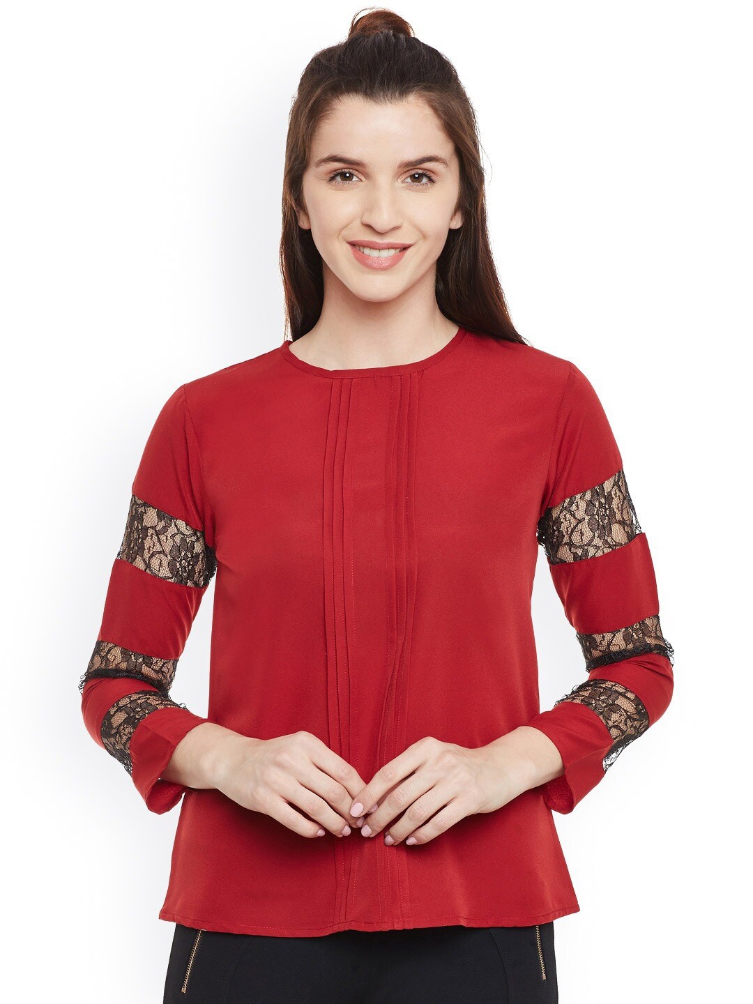 

BAESD Round Neck Pleated Top, Red