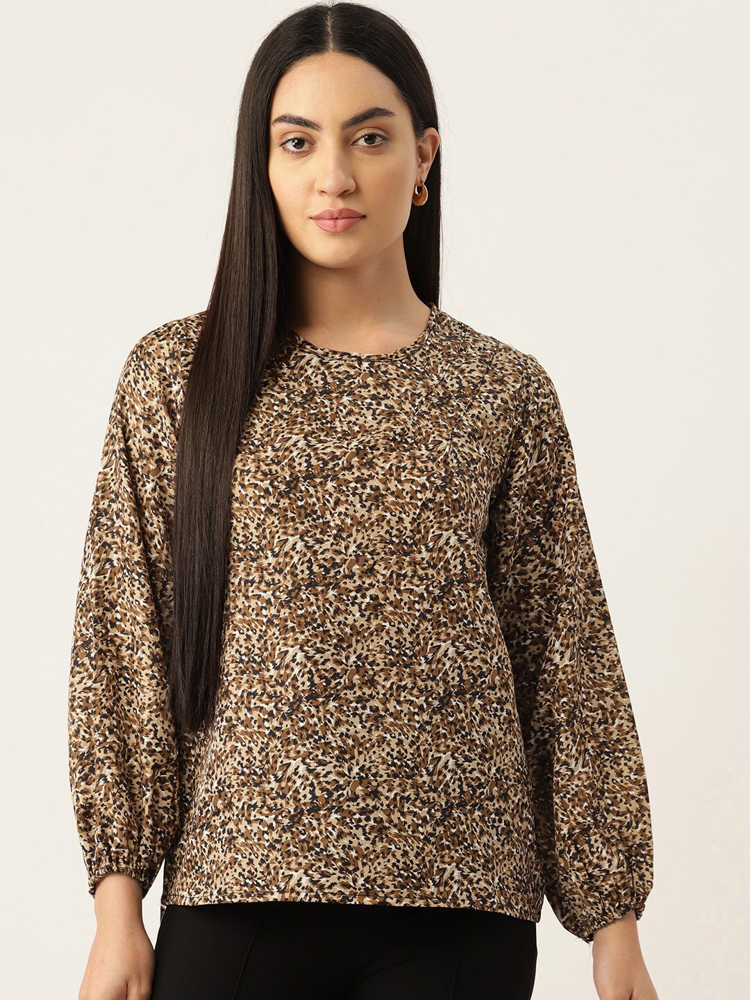 

BAESD Animal Printed Puff Sleeves Top, Brown