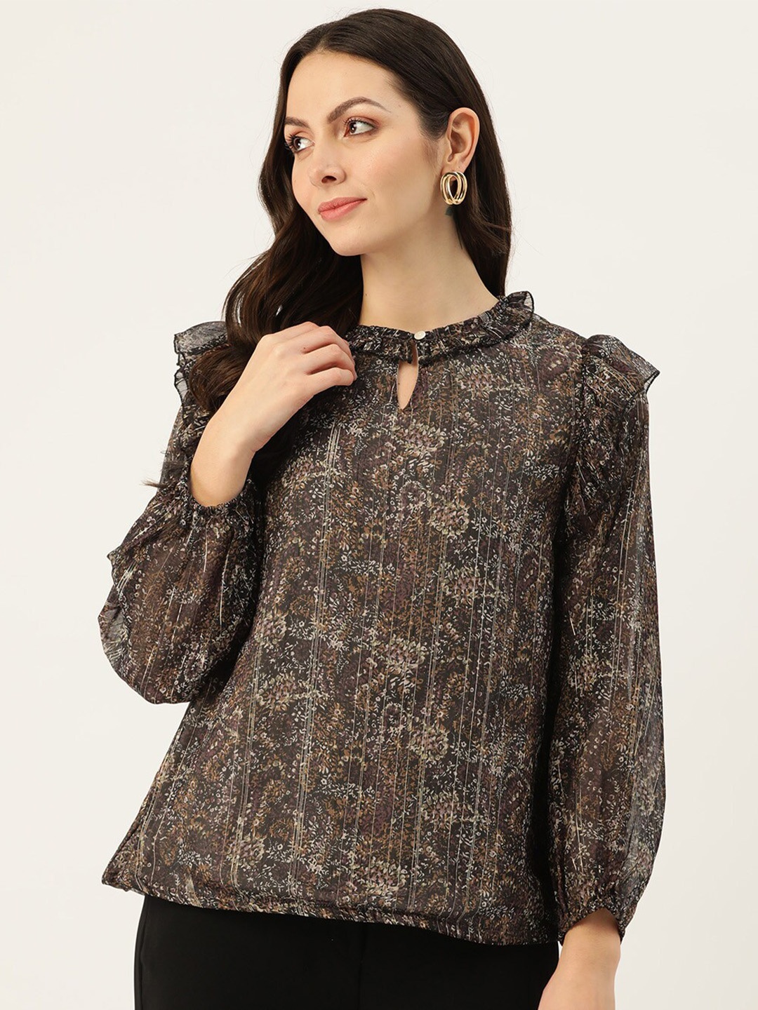 

BAESD Floral Printed Puff Sleeves Ruffled Top, Black