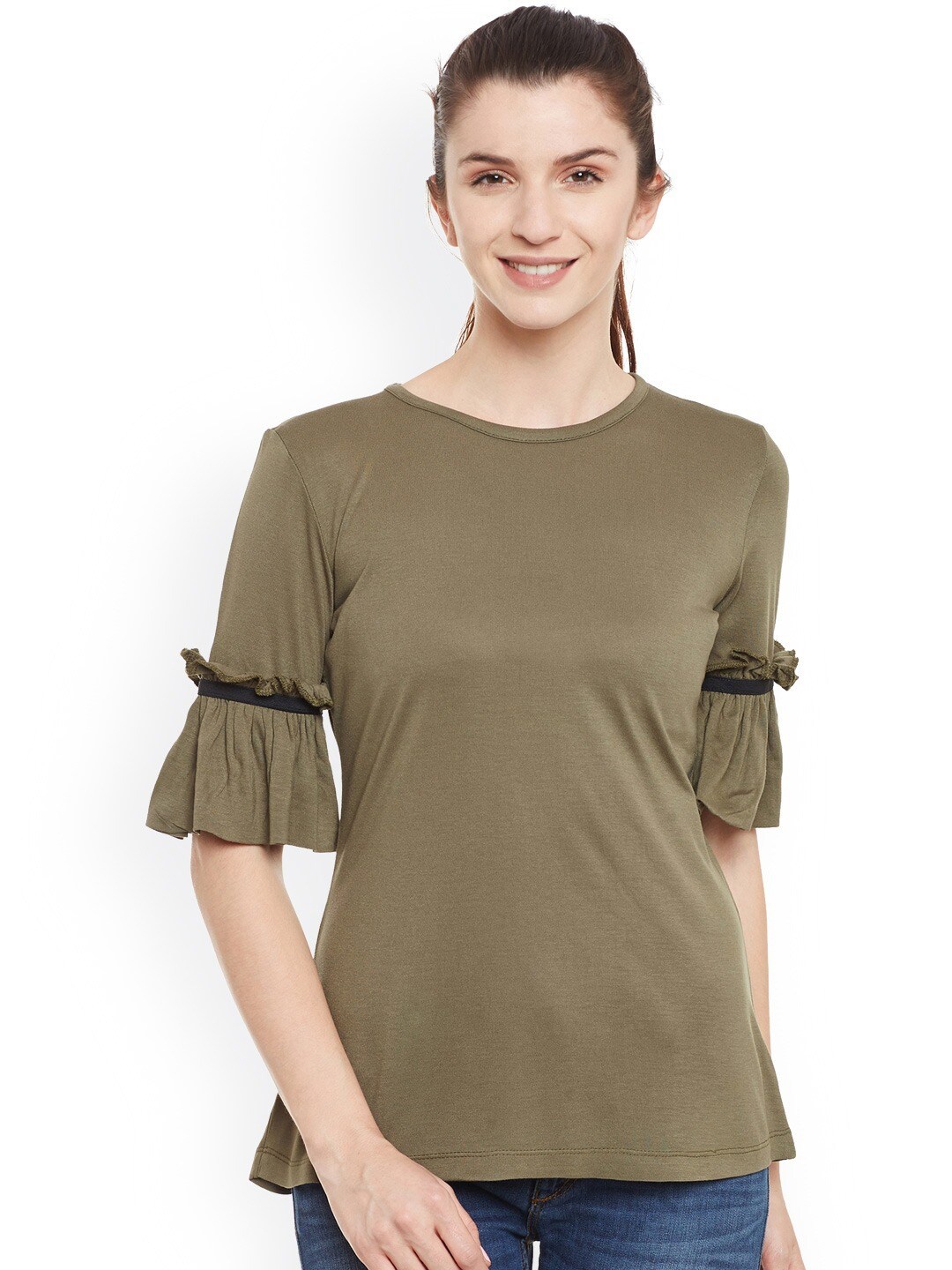 

BAESD Round Neck Bell Sleeves Cotton Regular Top, Olive