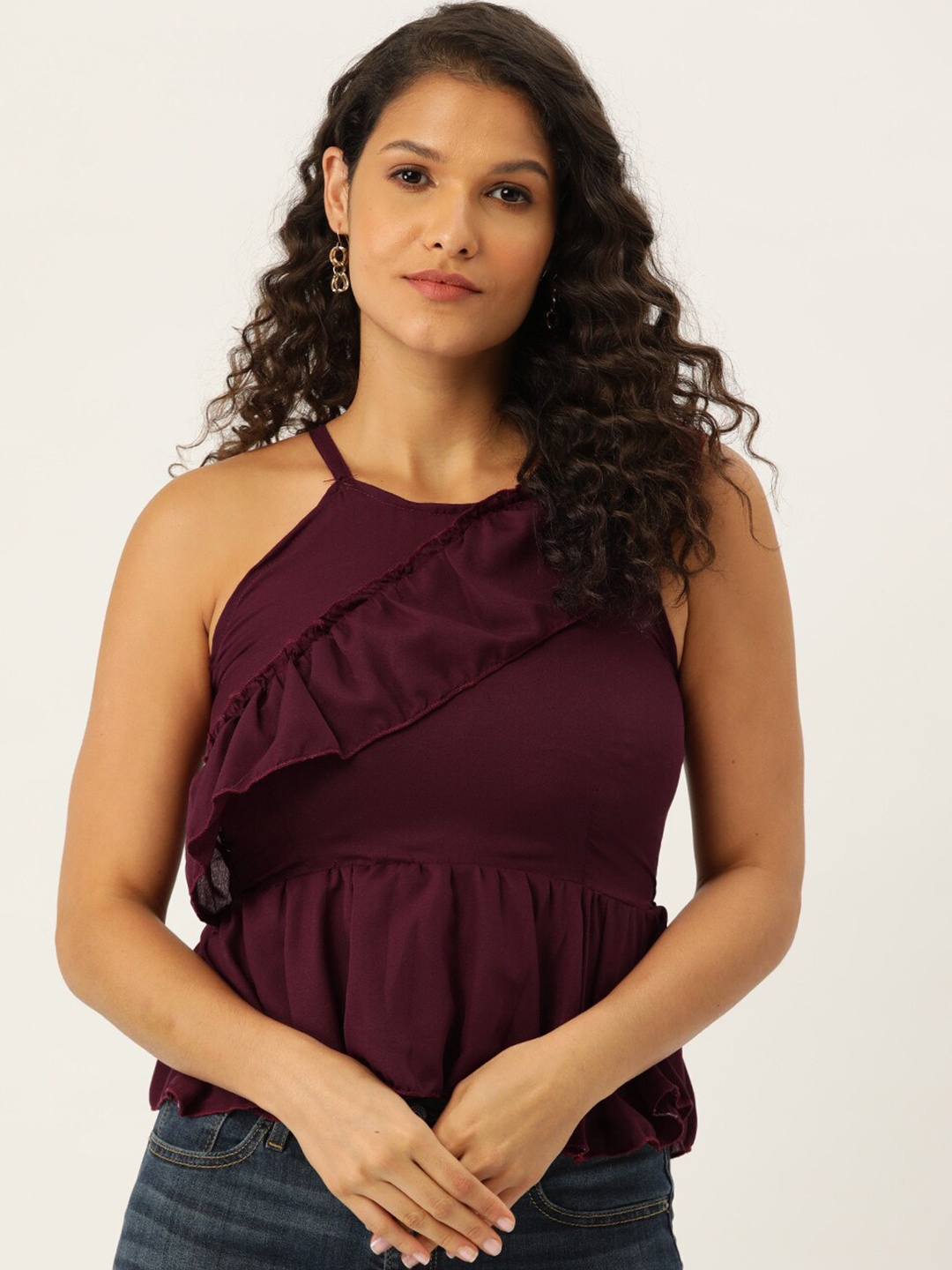 

BAESD Shoulder Straps Ruffles Peplum Top, Burgundy