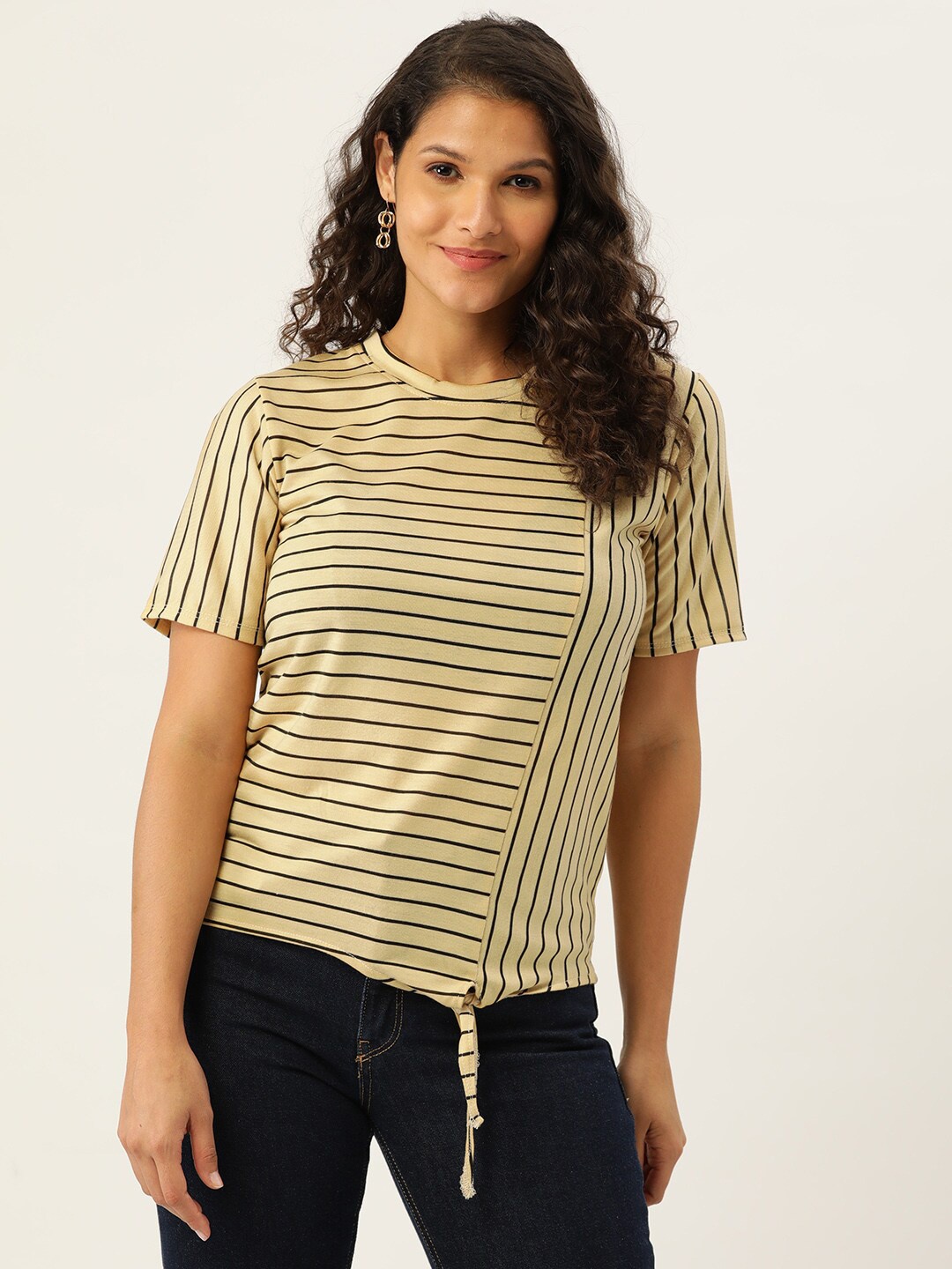 

BAESD Horizontal Striped Tie-Up Detailed Cotton Top, Yellow