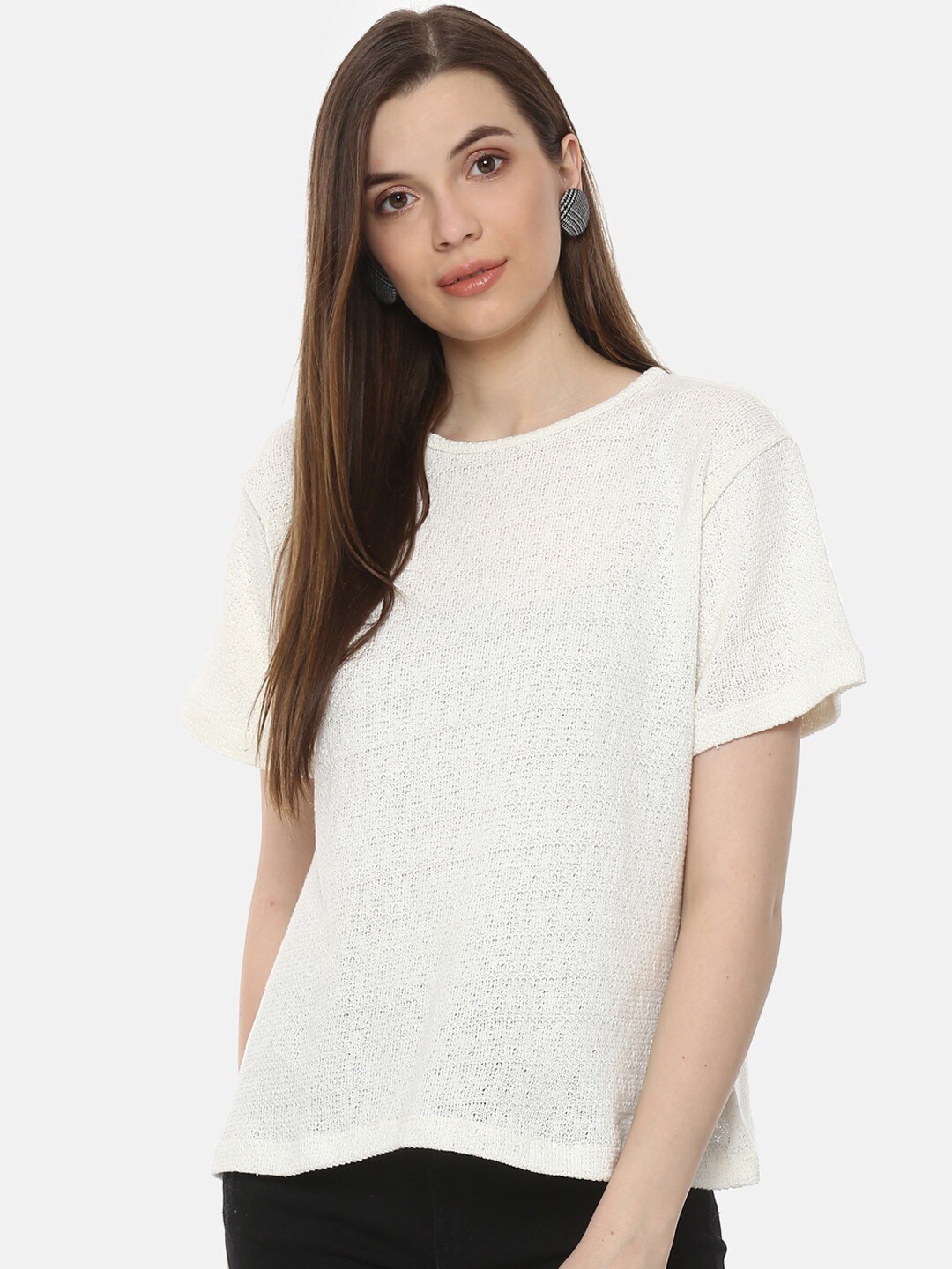 

BAESD Self Design Drop-Shoulder Sleeves Cotton Top, White