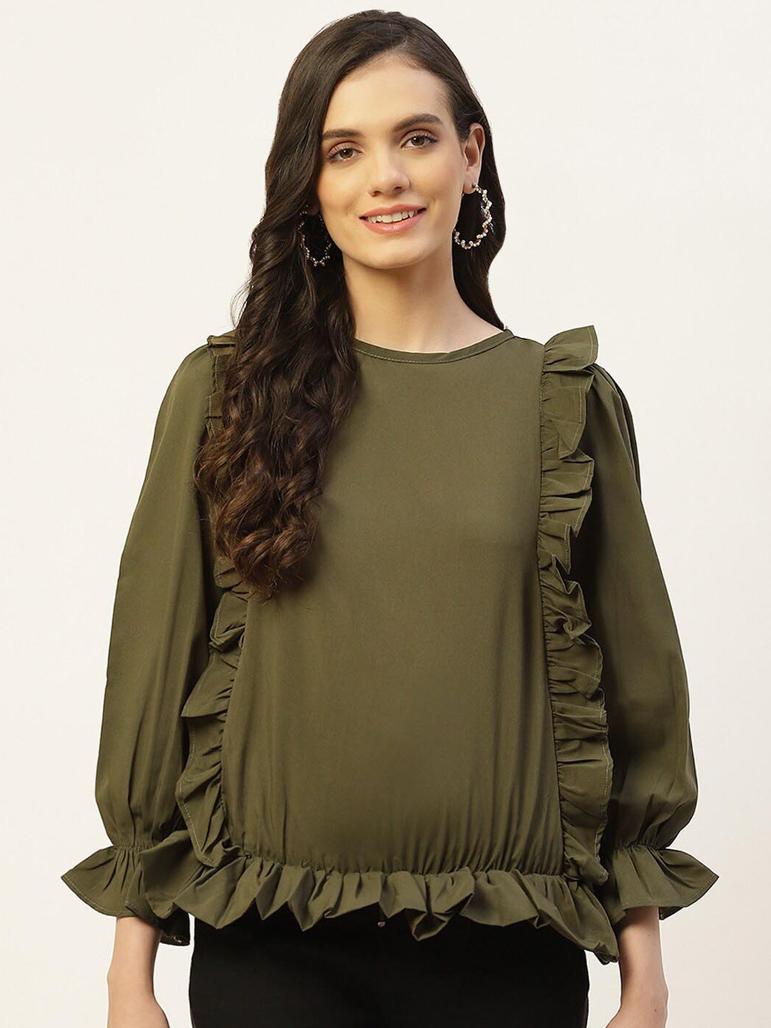 

BAESD Puffed Sleeves Ruffles Blouson Top, Olive