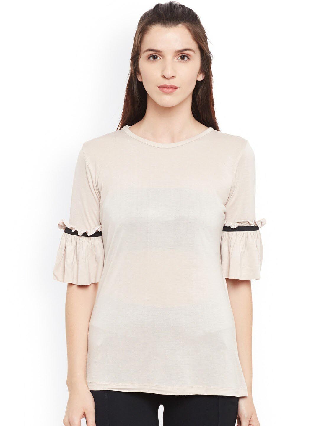 

BAESD Round Neck Bell Sleeves Cotton Top, Cream