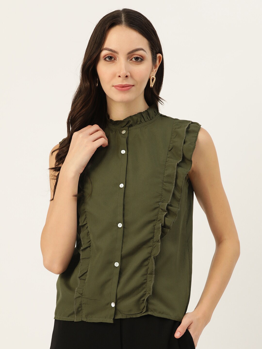 

BAESD Mandarin Collar Ruffles Shirt Style Top, Olive