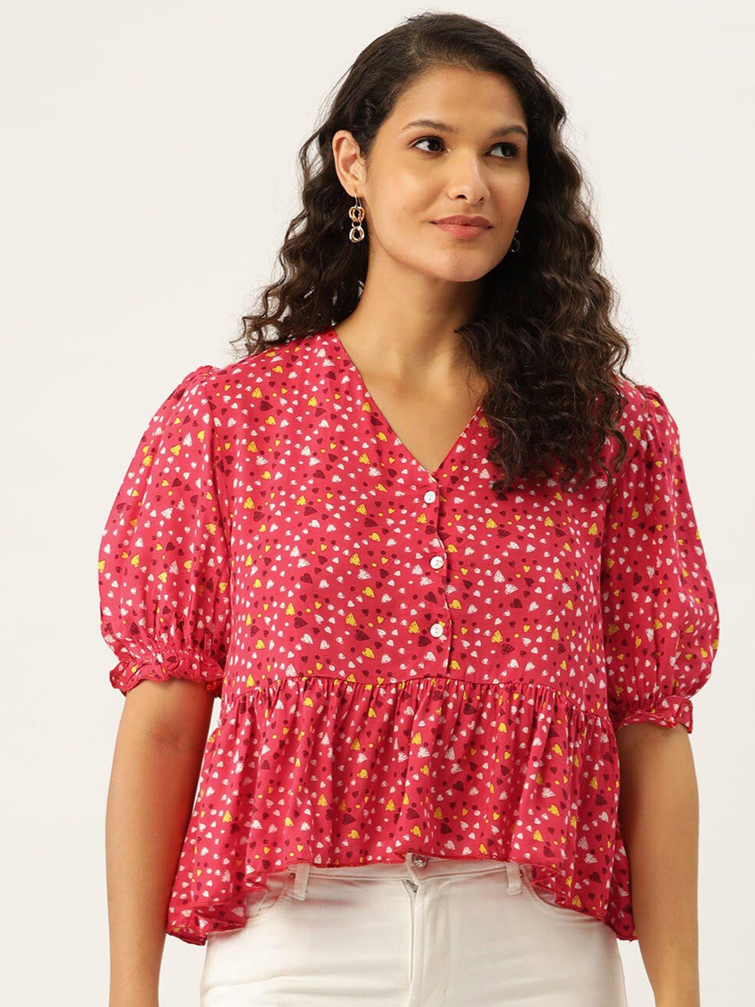 

BAESD Conversational Print Puff Sleeves Cotton Peplum Crop Top, Pink