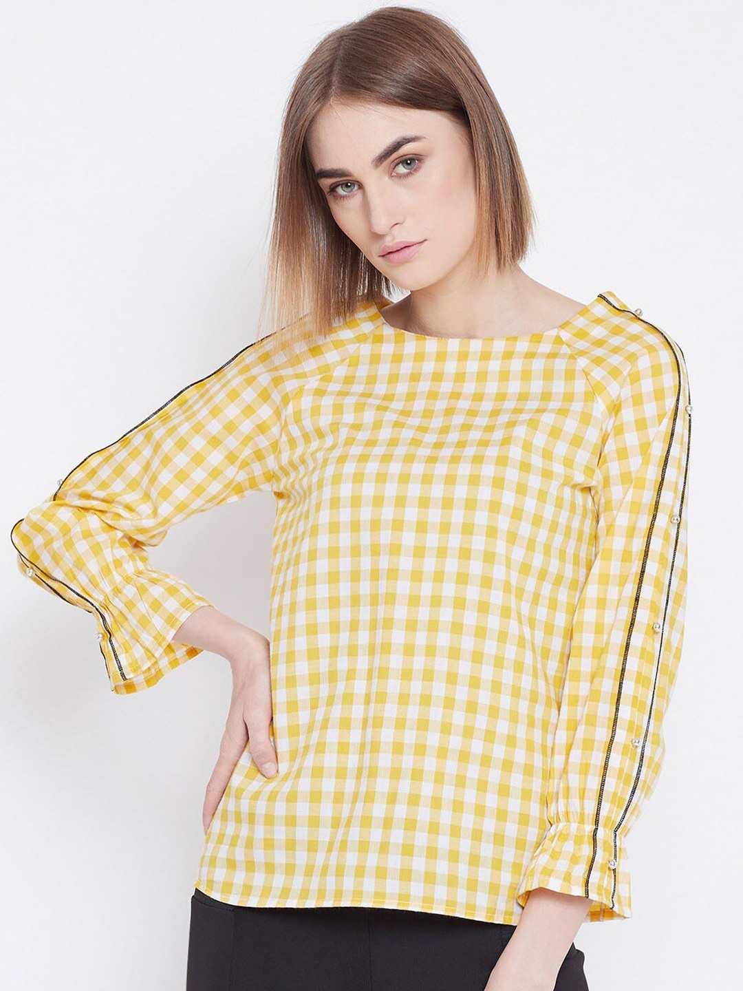 

BAESD Checked Cotton Regular Top, Yellow