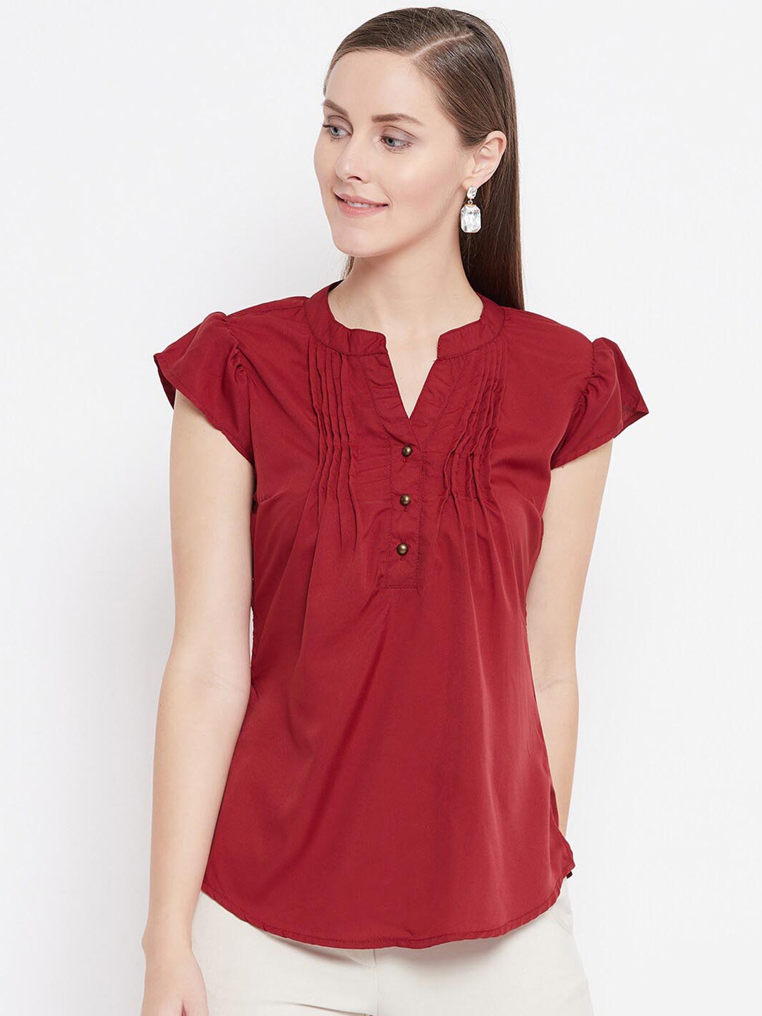 

BAESD Mandarin Collar Cap Sleeves Pleated Shirt Style Top, Maroon