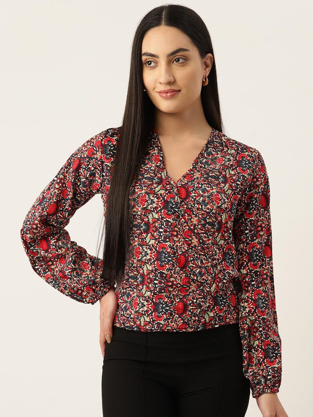 

BAESD Floral Printed V-Neck Cuffed Sleeves Cotton Top, Navy blue