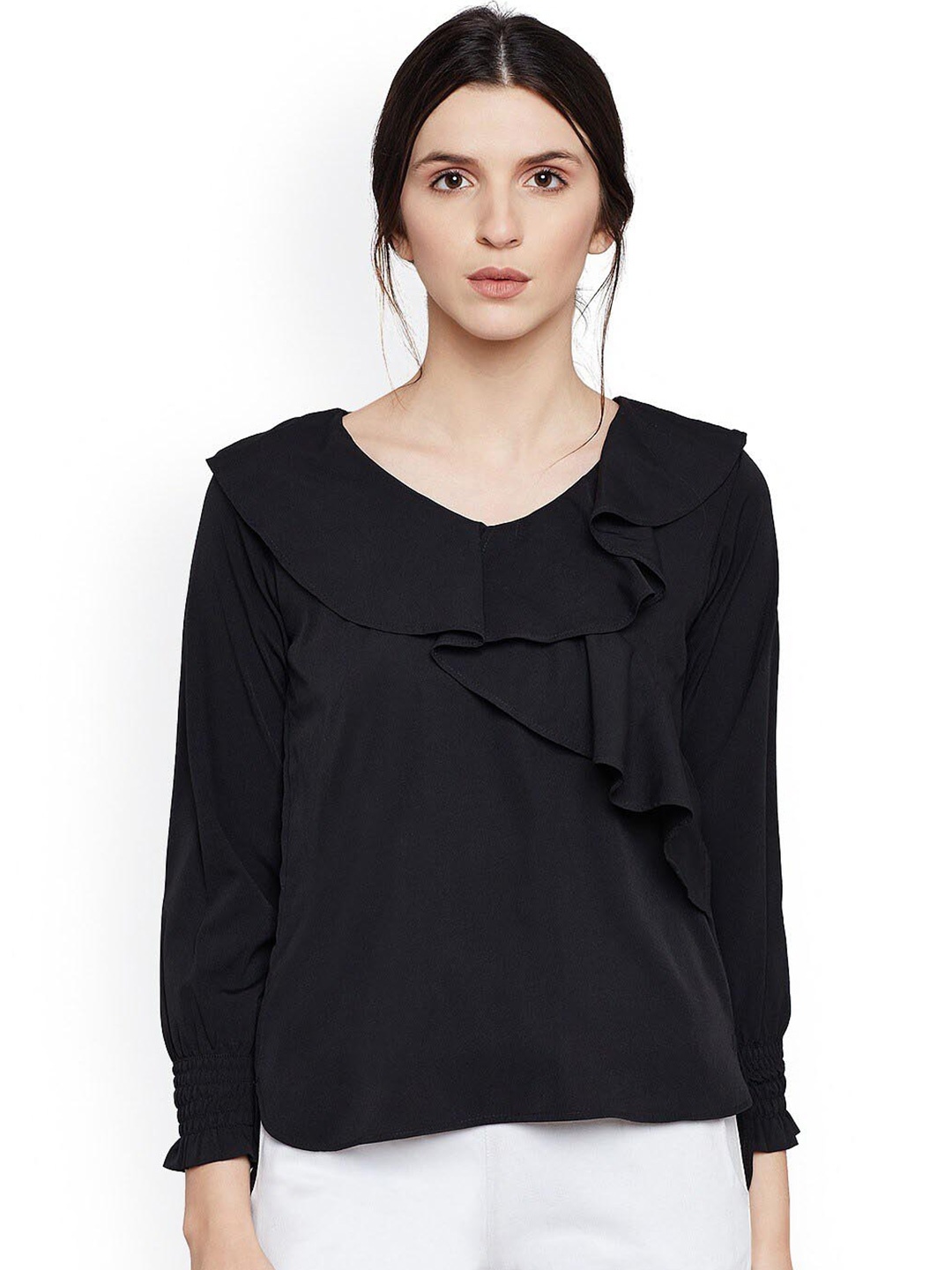 

BAESD V-Neck Ruffled Smocked Cuffed Top, Black