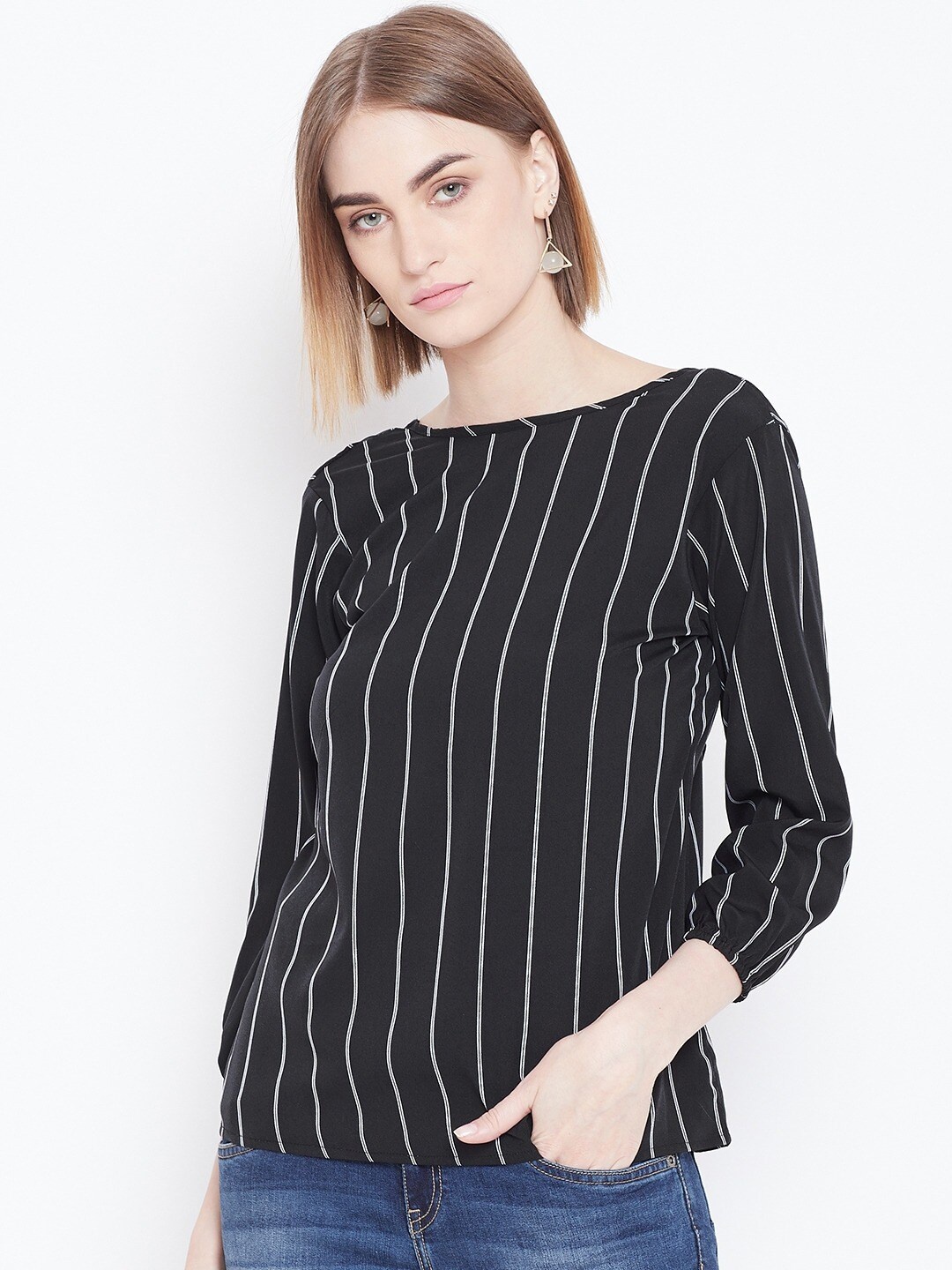 

BAESD Striped Boat Neck Styled Back Top, Black