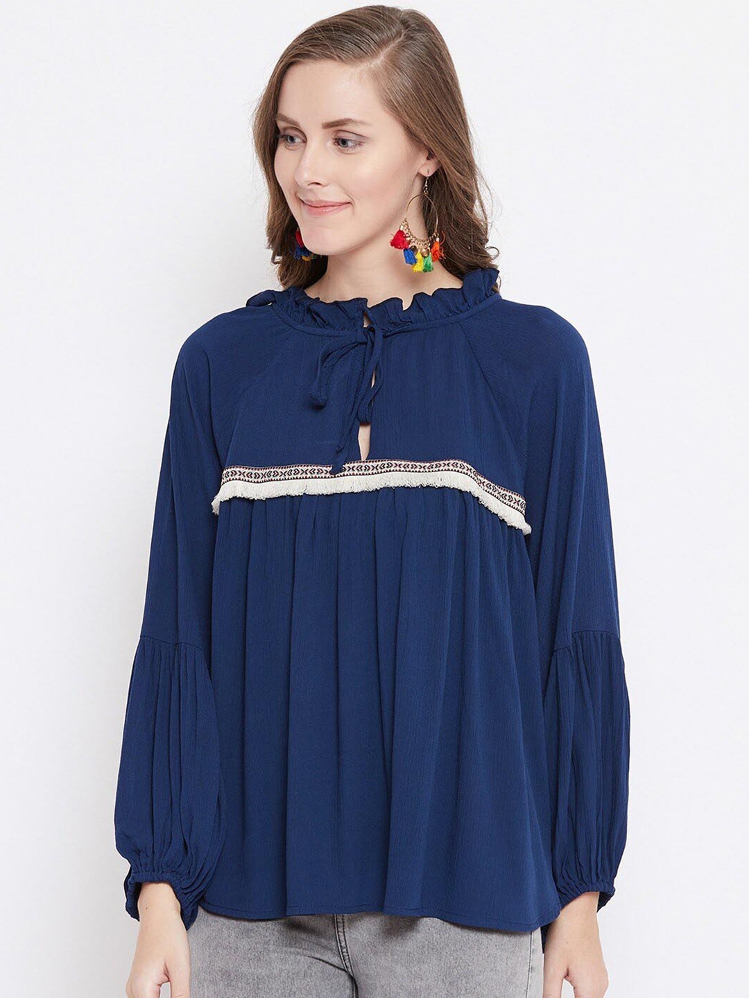 

BAESD Tie-Up Neck Pleated Long Raglan Sleeves Crepe Top, Black