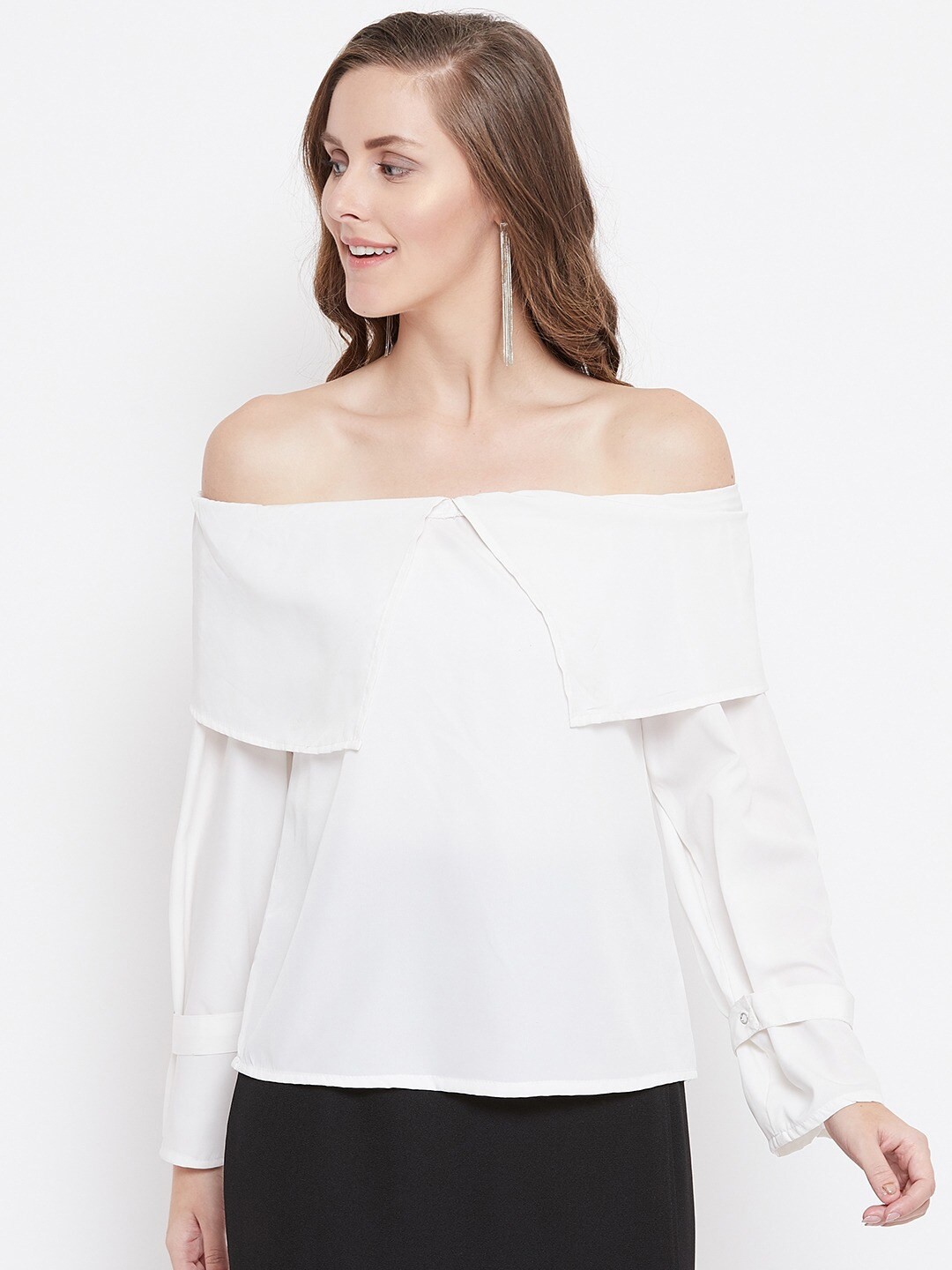

BAESD Off-Shoulder Cuffed Sleeves Cotton Bardot Top, White