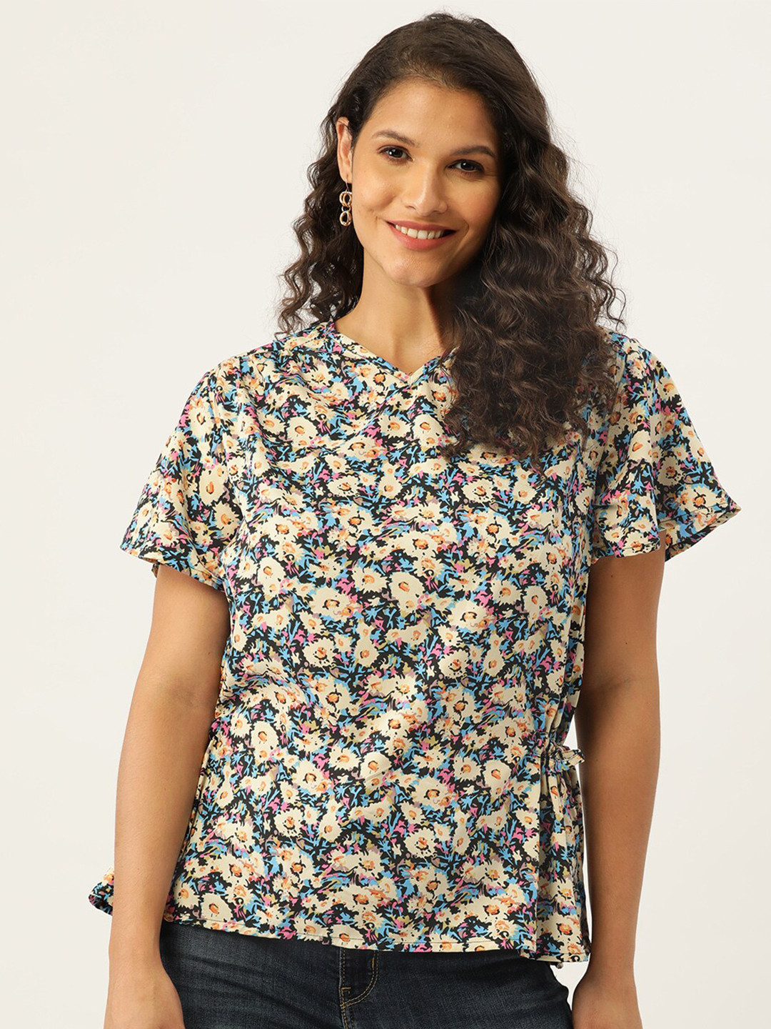 

BAESD Floral Printed Cotton V-Neck Flared Sleeves Tie-Ups Top, Blue