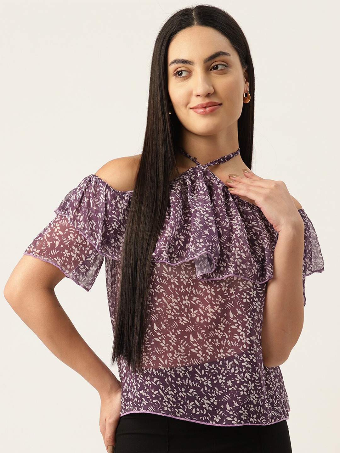 

BAESD Floral Print Cold-Shoulder Sleeves Georgette Top, Purple