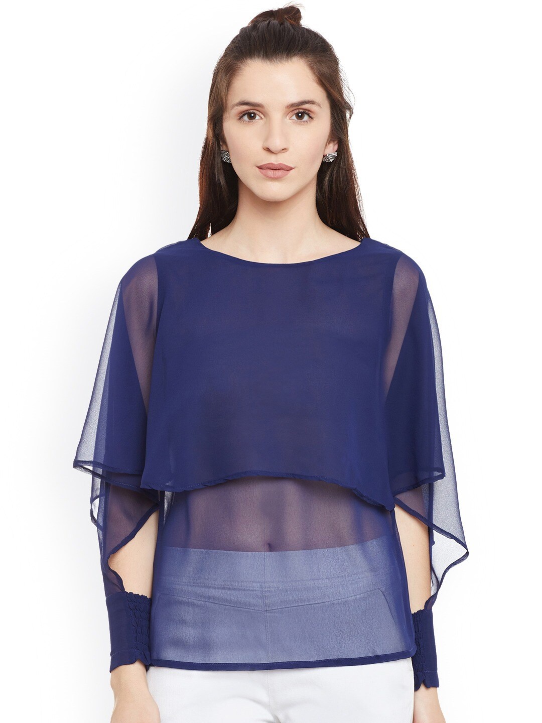 

BAESD Round Neck Slit Sleeves Georgette Layered Top, Blue