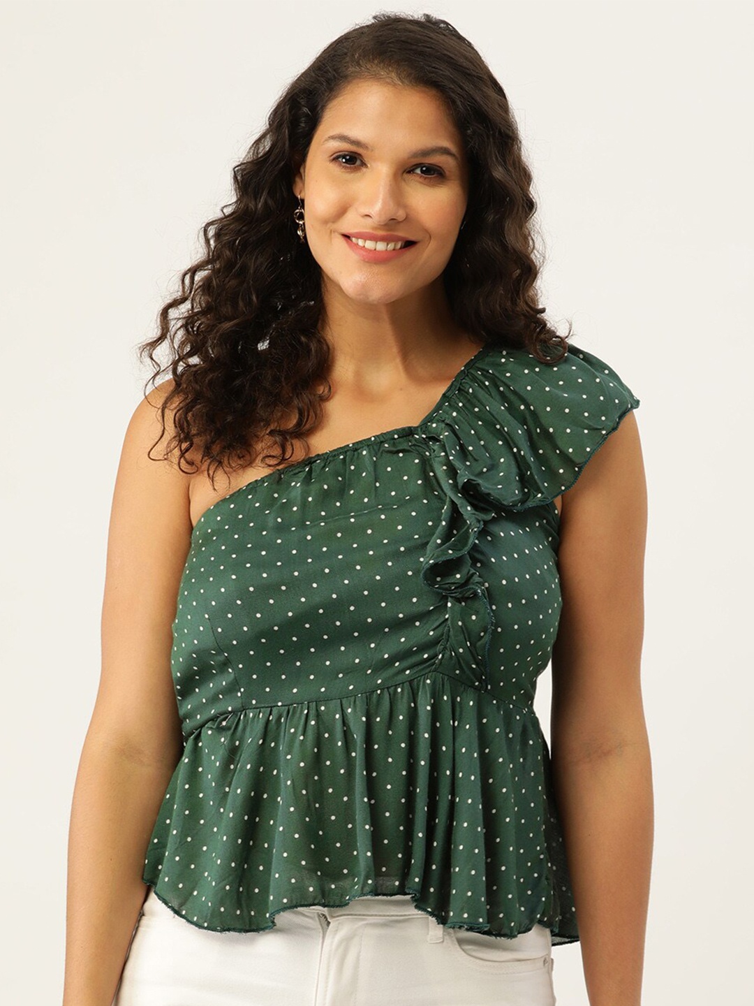 

BAESD Polka Dots Printed One Shoulder Cotton Top, Green