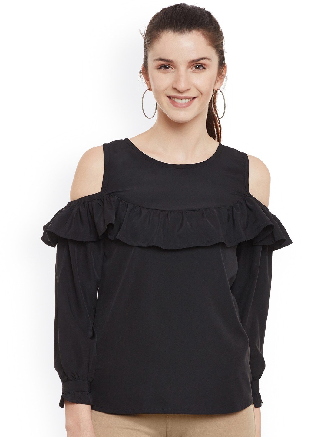 

BAESD Round Neck Ruffled Cold-Shoulder Sleeves Top, Black