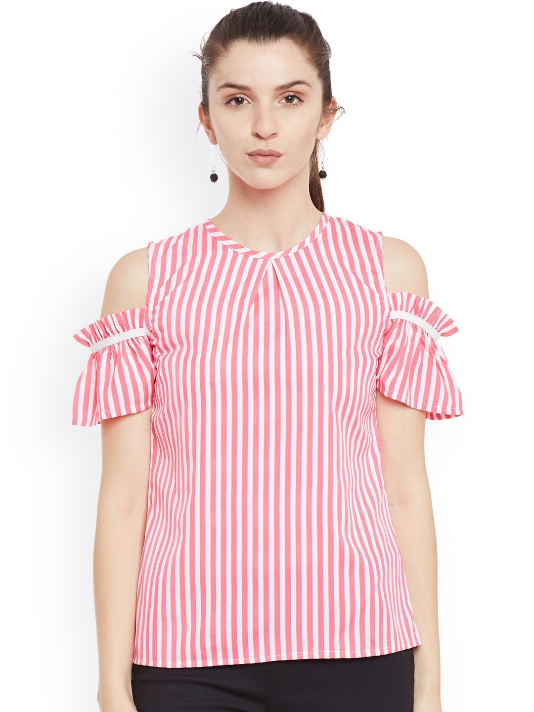 

BAESD Striped Cold-Shoulder Sleeves Top, Pink