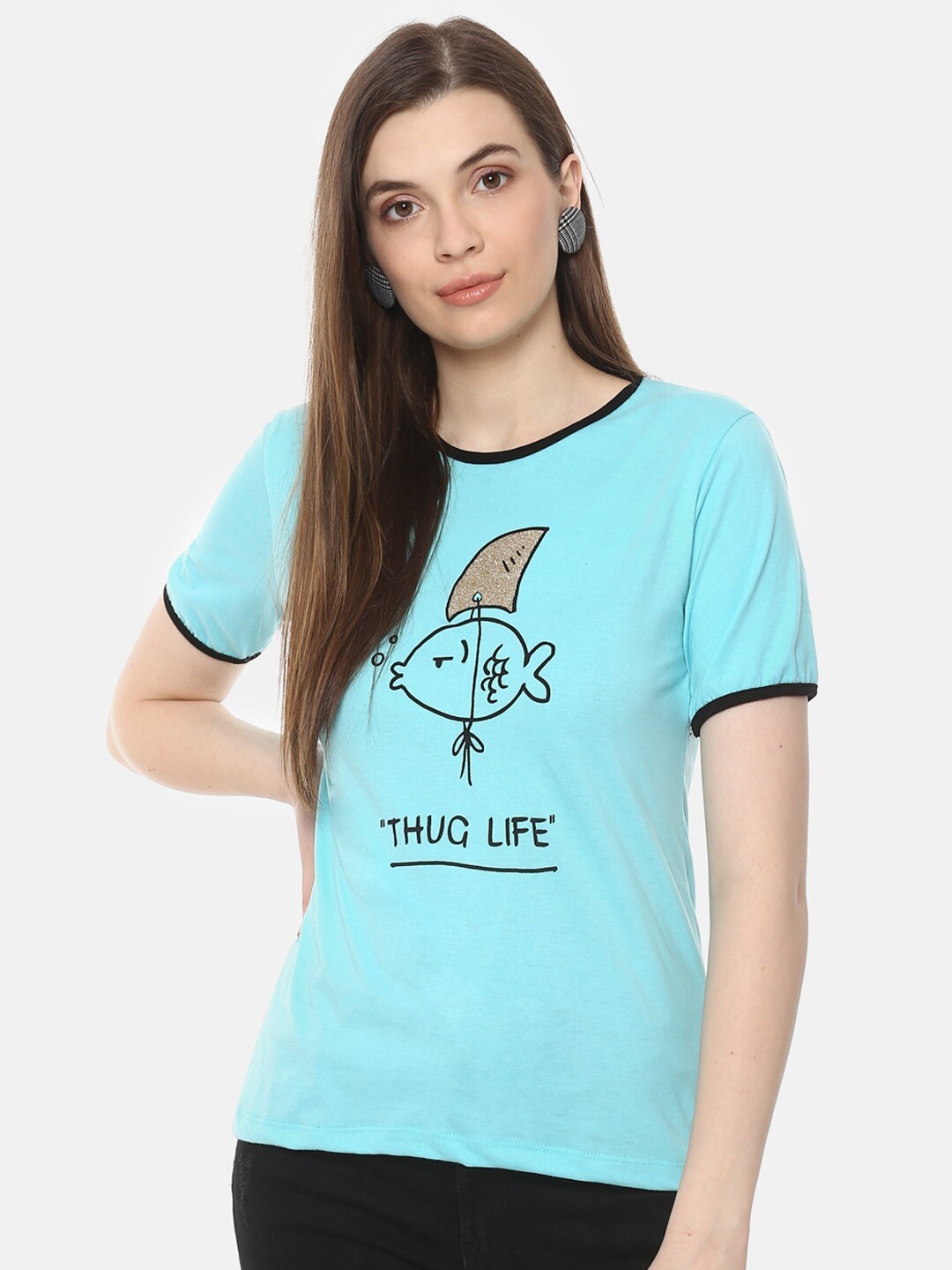 

BAESD Graphic Printed Cotton Top, Turquoise blue