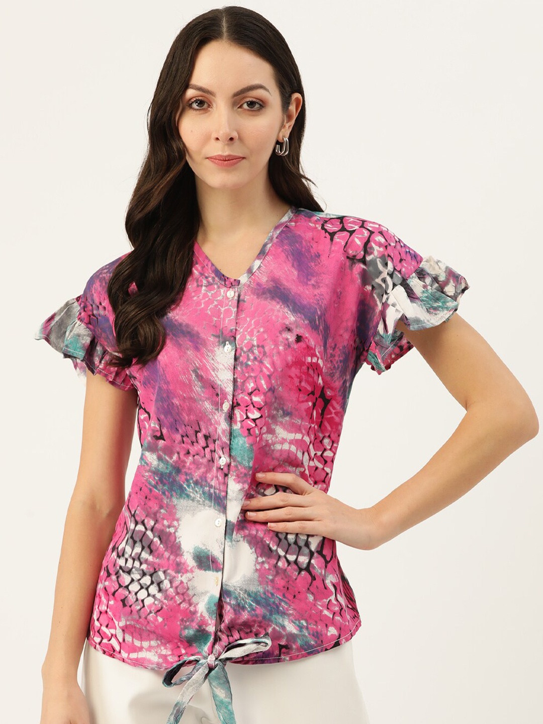 

BAESD Abstract Printed V-Neck Flared Sleeves Regular Top, Pink