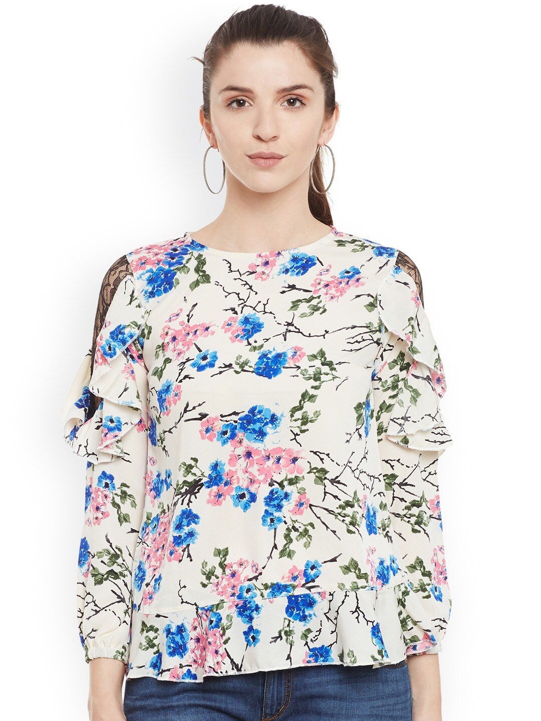 

BAESD Floral Printed Cold-Shoulder Sleeves Ruffles Top, White