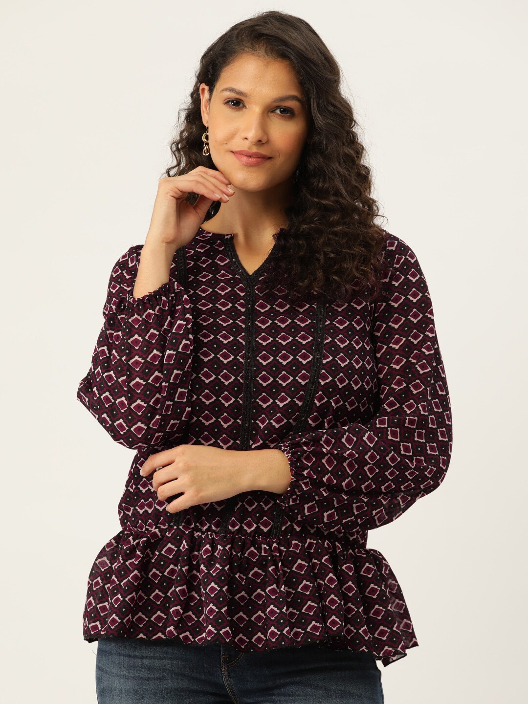 

BAESD Geometric Printed Cuffed Sleeves Georgette Top, Maroon