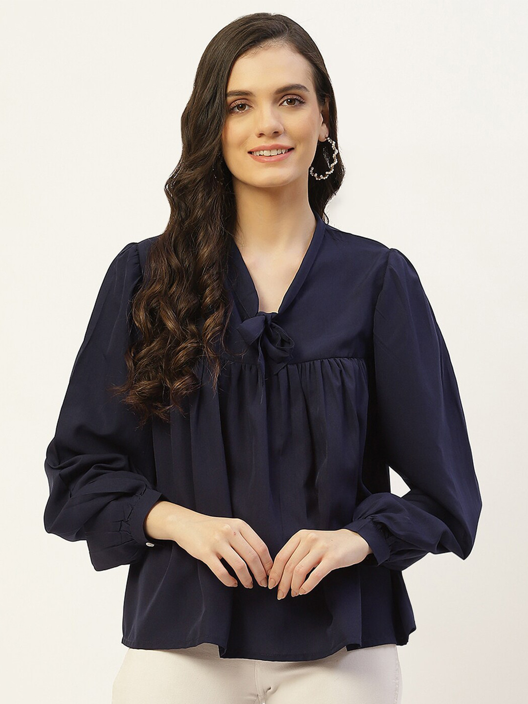 

BAESD V-Neck Cuffed Sleeves Gathered Crepe Top, Navy blue