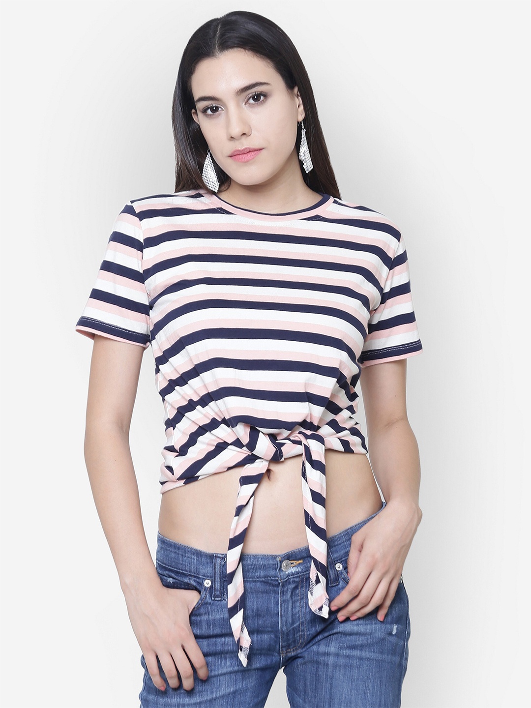

BAESD Striped Round Neck Crop Top, White