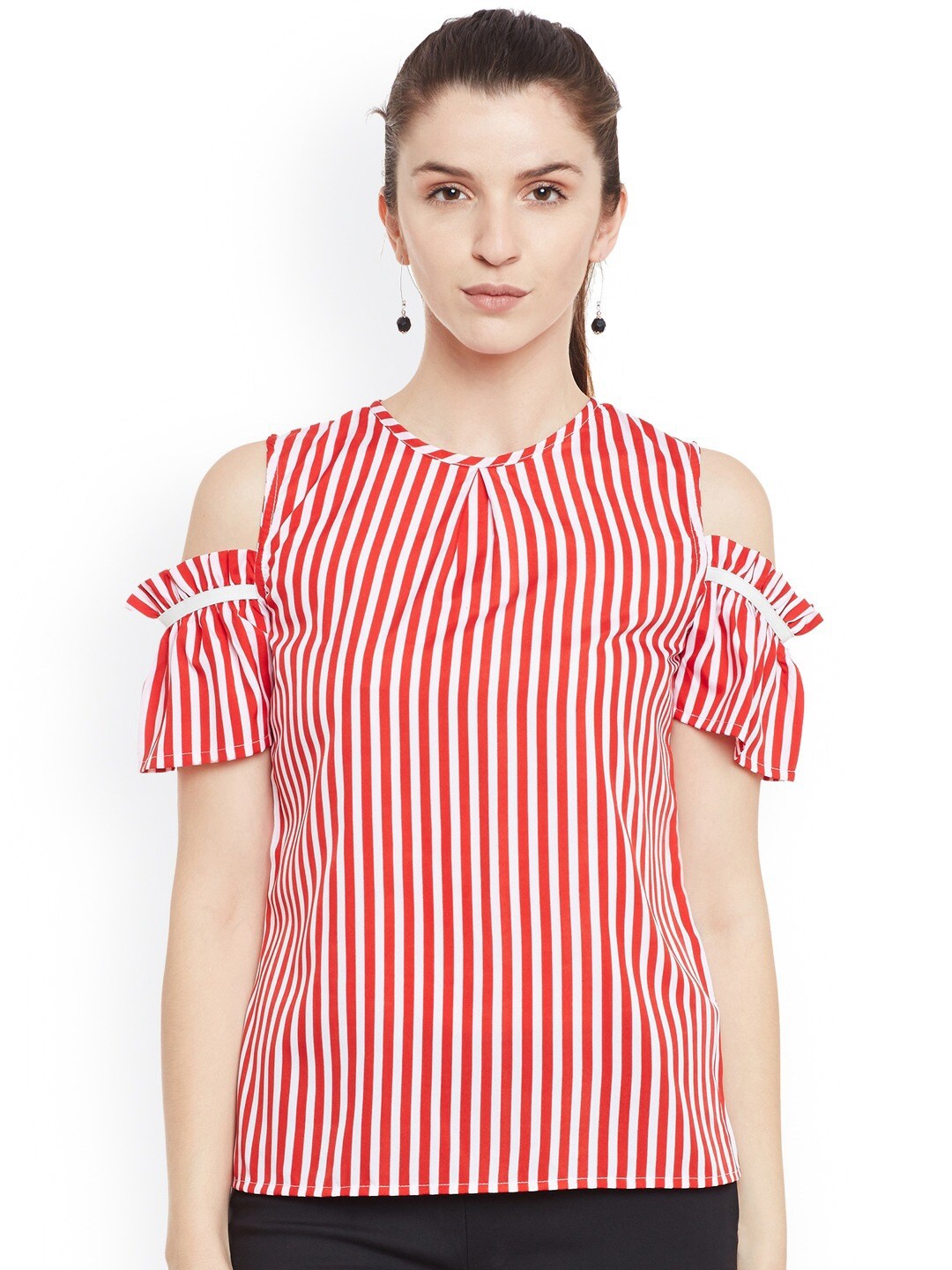 

BAESD Striped Cold-Shoulder Sleeves High-Low Top, Red