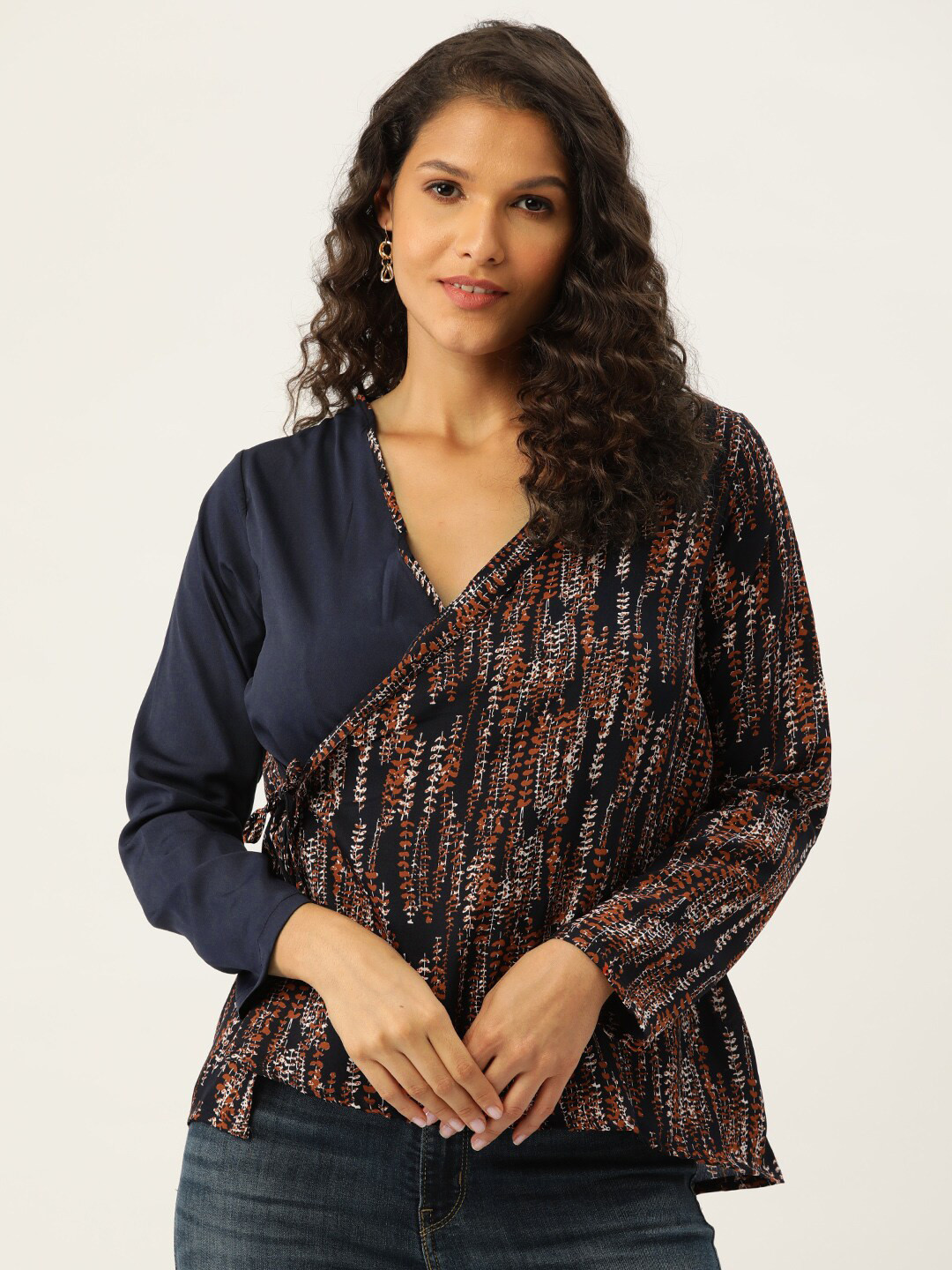 

BAESD Printed Cotton Wrap Top, Navy blue