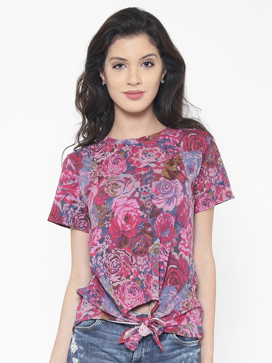 

BAESD Floral Printed Round Neck Short Sleeves Waist Tie-Ups Regular Top, Pink