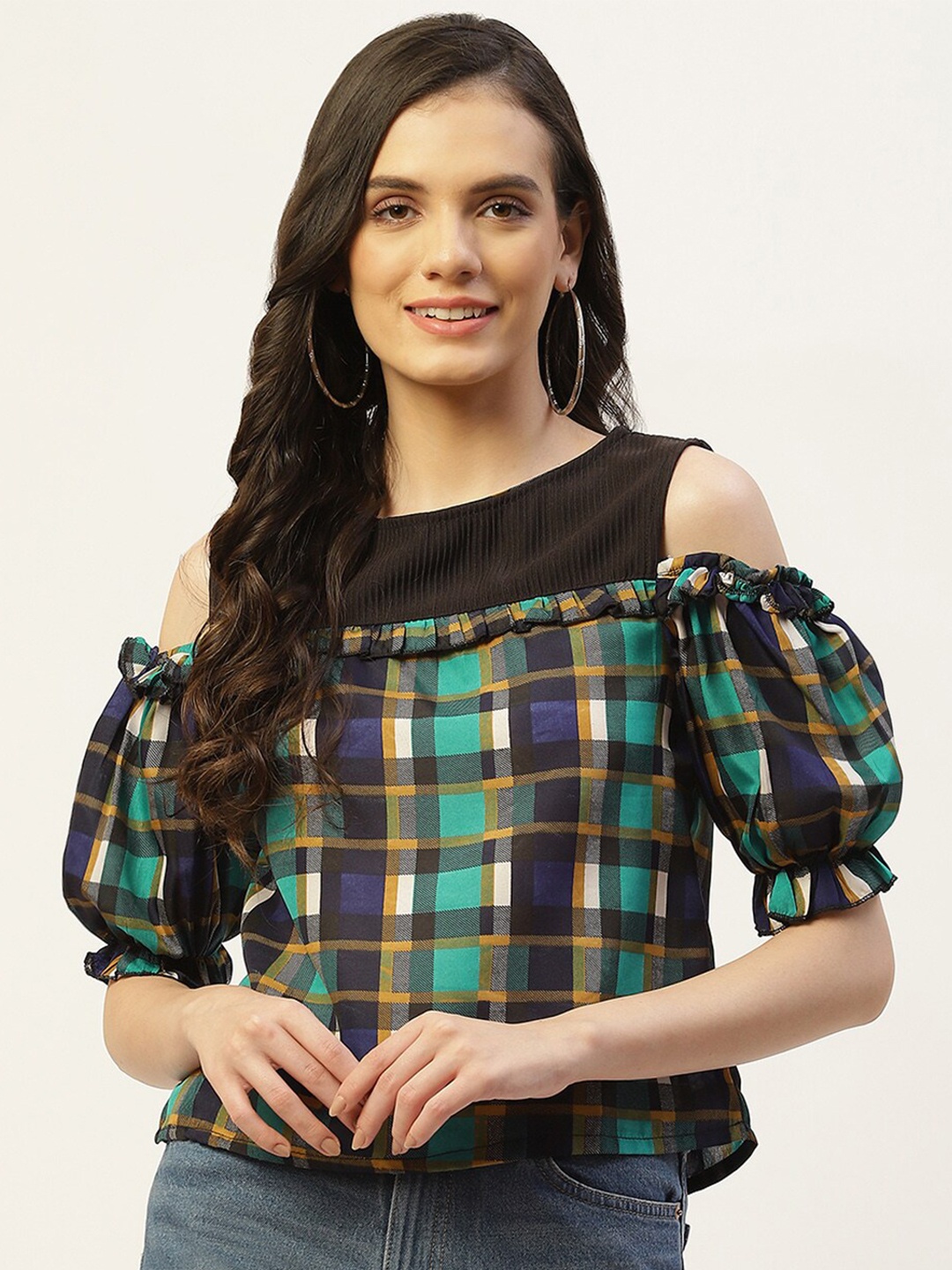 

BAESD Checked Round Neck Cold-Shoulder Sleeves Top, Black