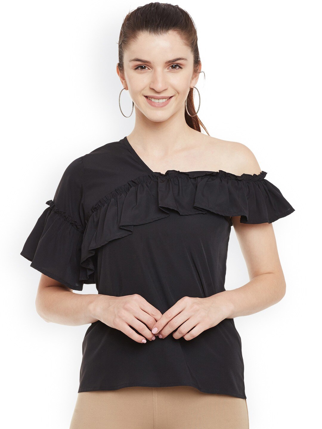 

BAESD Flutter Sleeves Ruffles Regular Top, Black