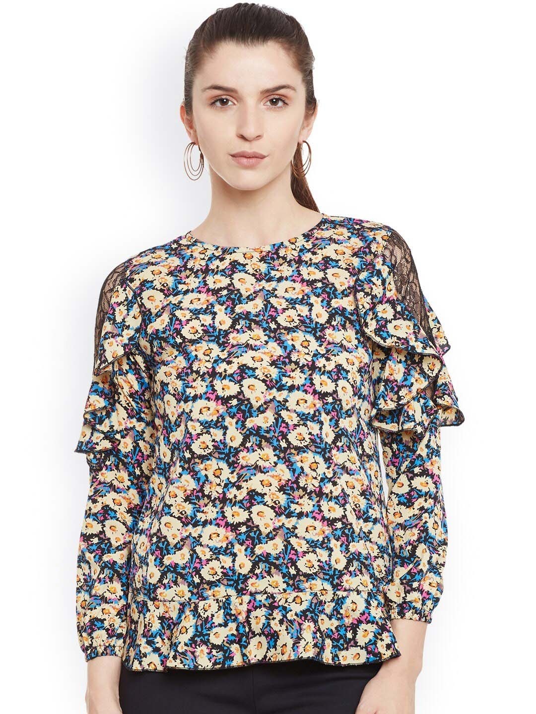 

BAESD Tropical Printed Ruffled Top, Black