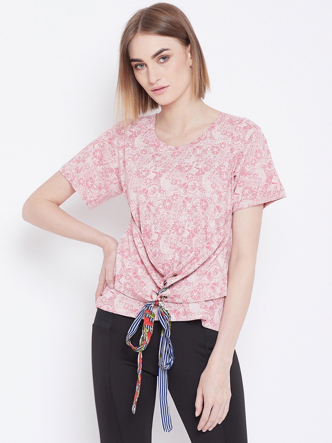 

BAESD Floral Printed Waist Tie-Up Top, Pink