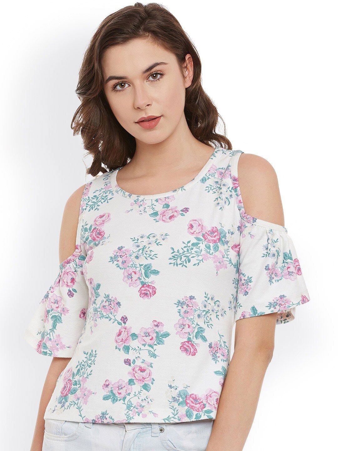 

BAESD Floral Printed Cold-Shoulder Sleeves Cotton Top, White