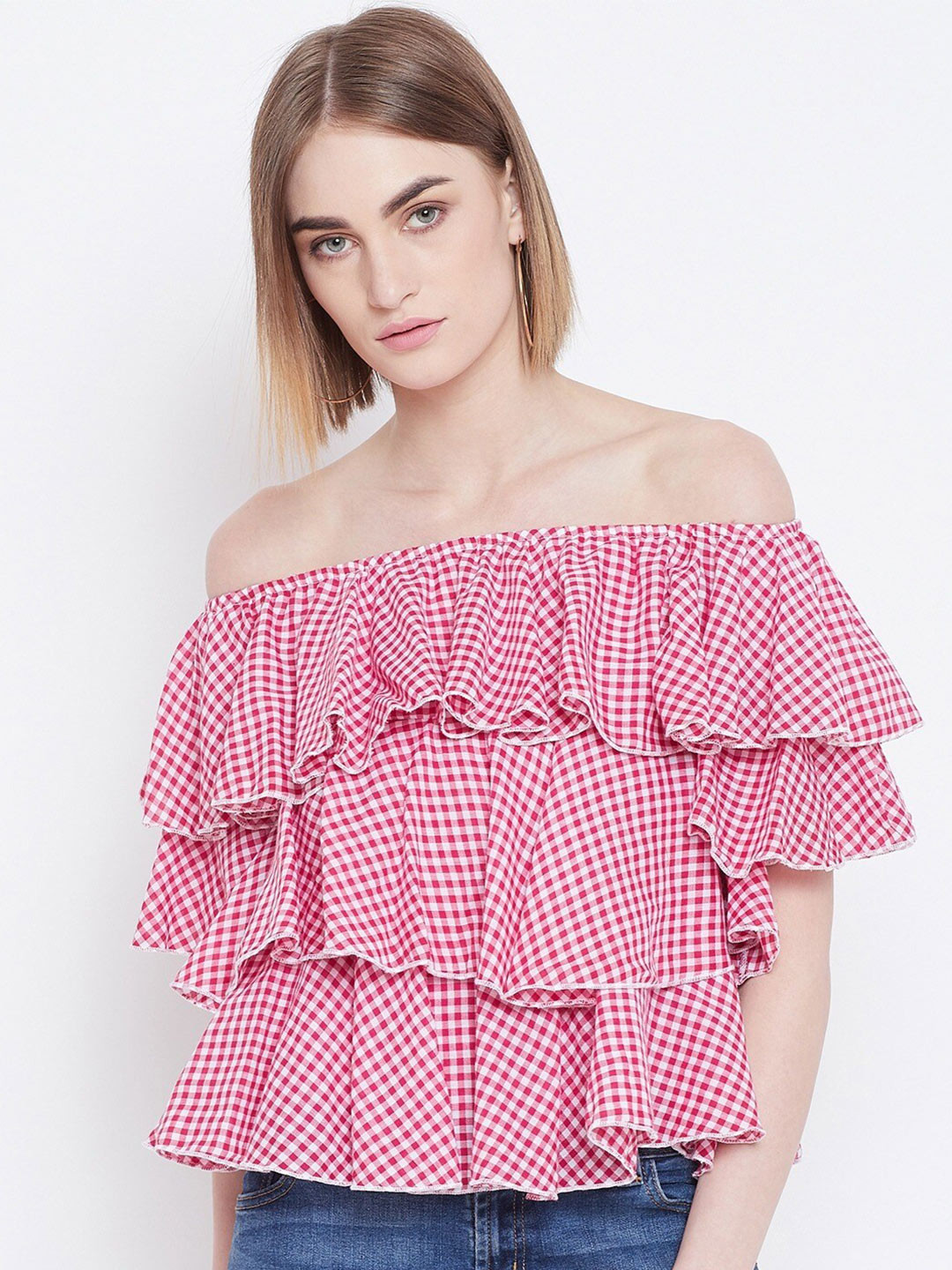

BAESD Checked Off-Shoulder A-Line Top, Sea green
