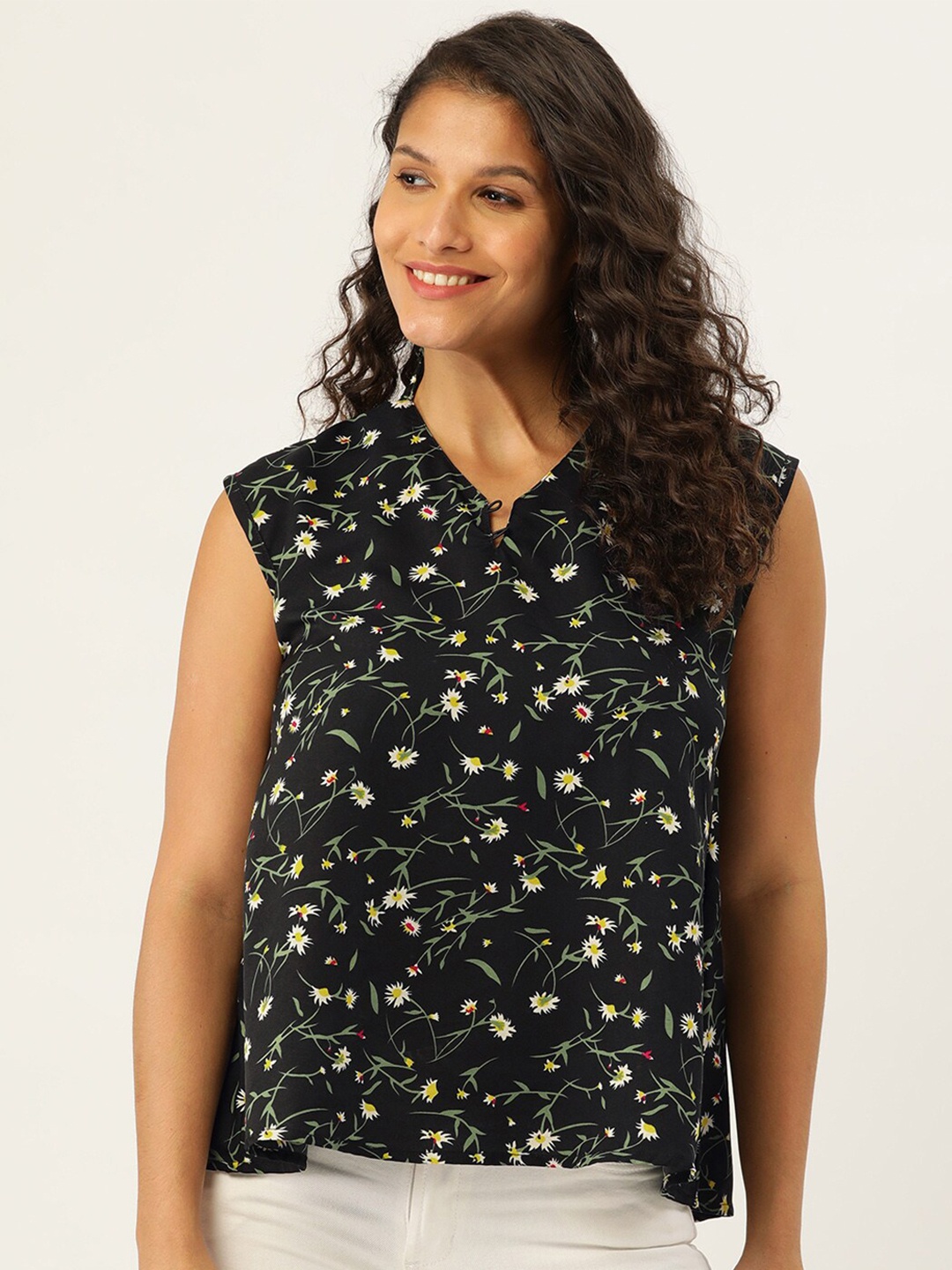 

BAESD Floral Printed V-Neck Cotton Top, Black