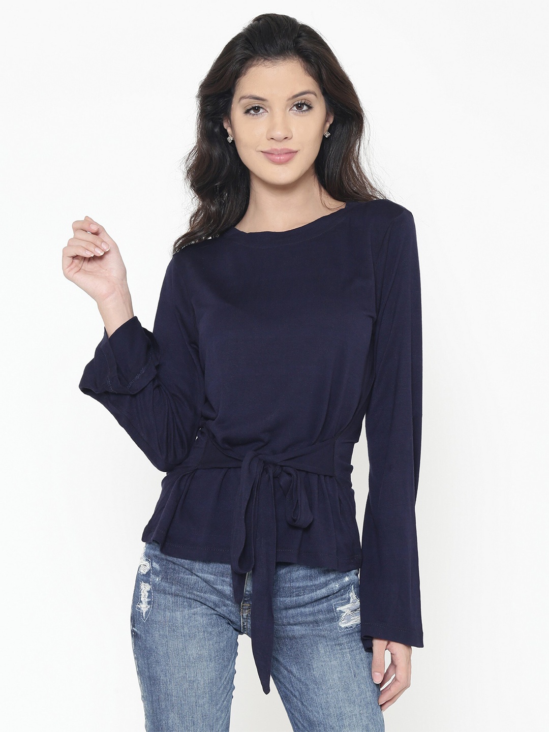 

BAESD Round Neck Waist Tie-Ups Cinched Waist Regular Top, Navy blue