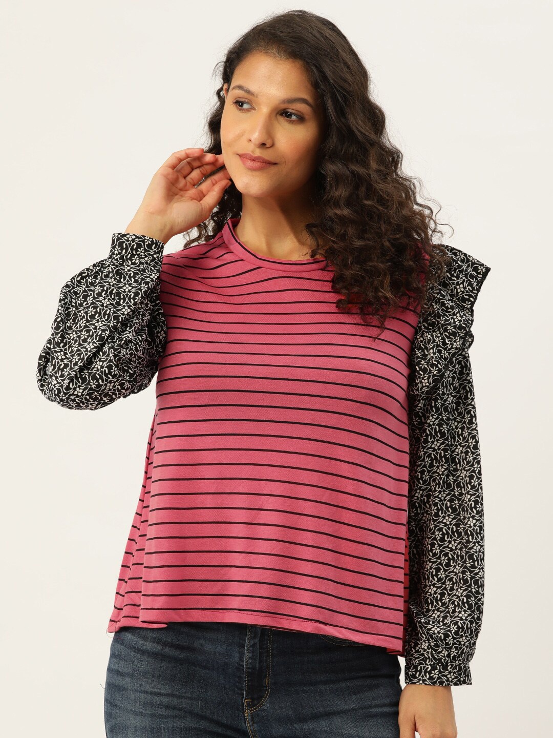 

BAESD Horizontal Stripes Puff Sleeves Ruffles Detail Cotton Top, Pink