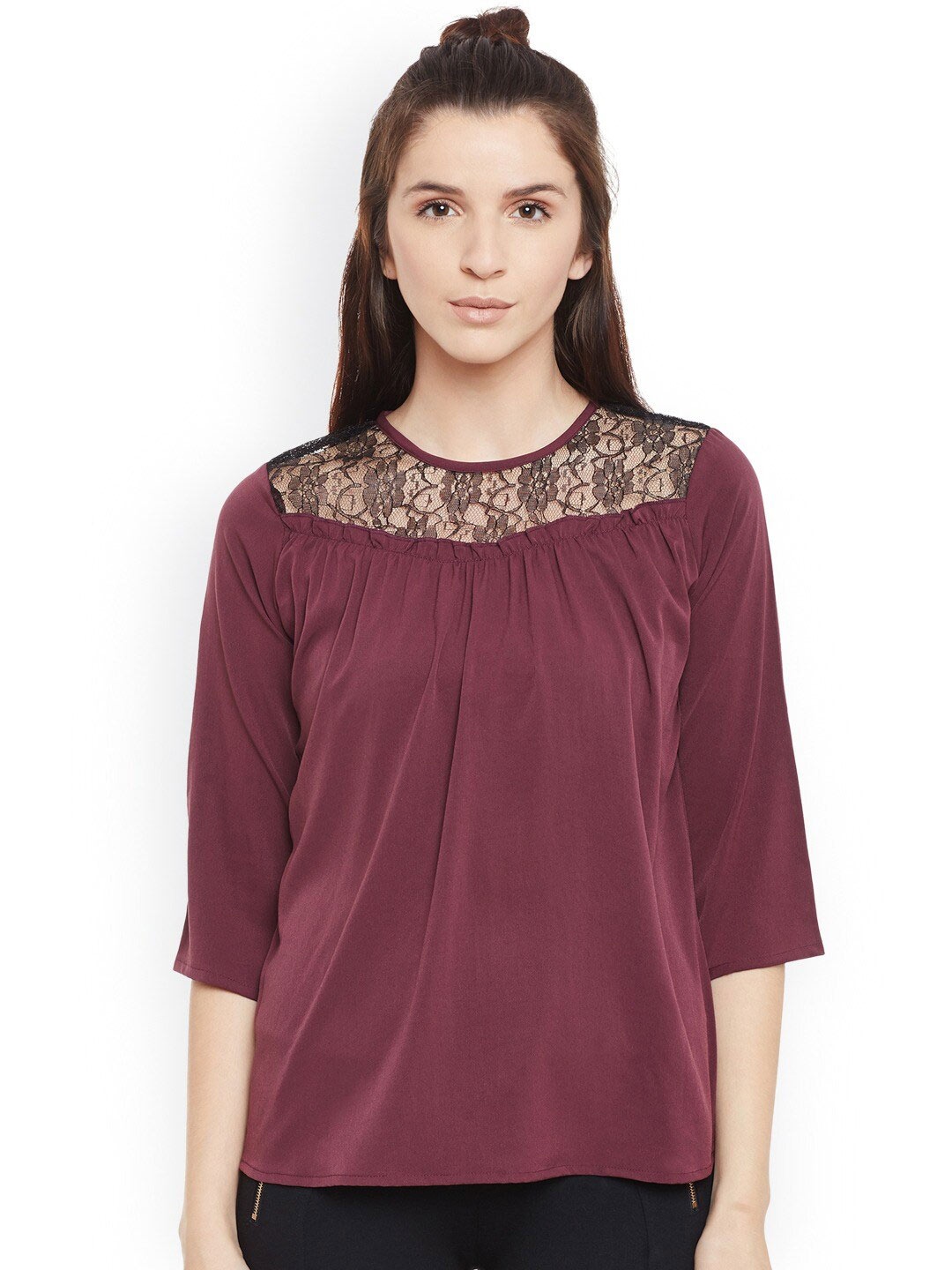 

BAESD Round Neck Pleated Top, Burgundy