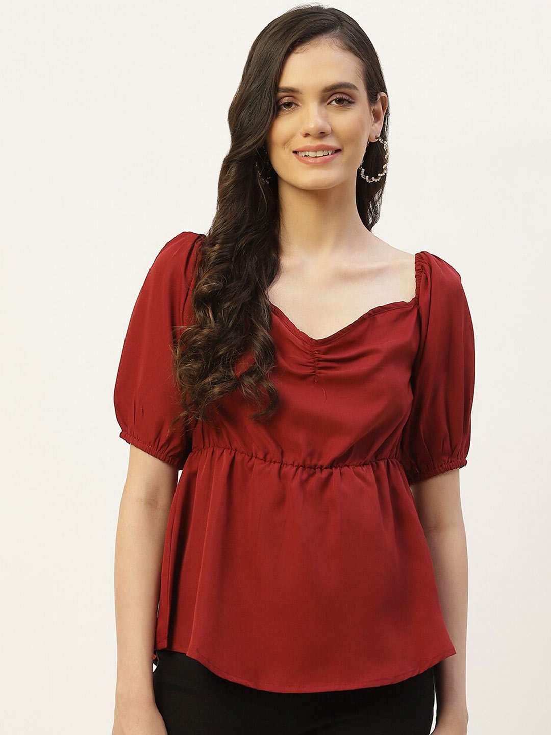 

BAESD Sweetheart Neck Puff Sleeve Crepe Regular Top, Maroon