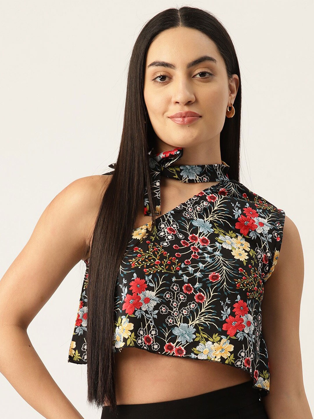 

BAESD Floral Printed Tie-Up Neck Sleeveless Crop Top, Black